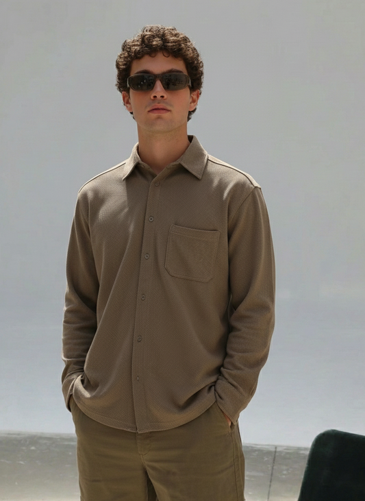 Coffee Color Textured Design Jacquard Fabric Shirt