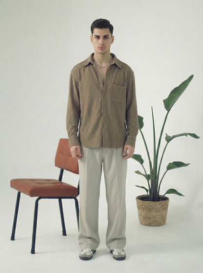 Brown Color Textured Design Jacquard Fabric Shirt