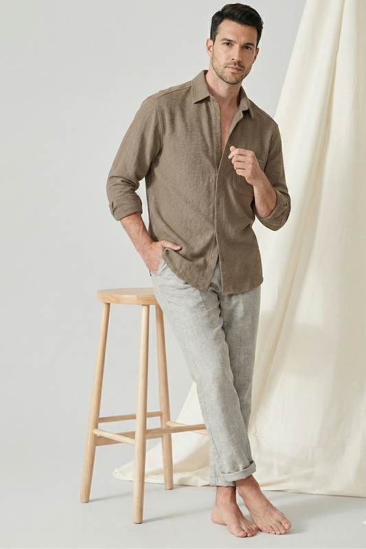 Brown Color Textured Design Jacquard Fabric Shirt