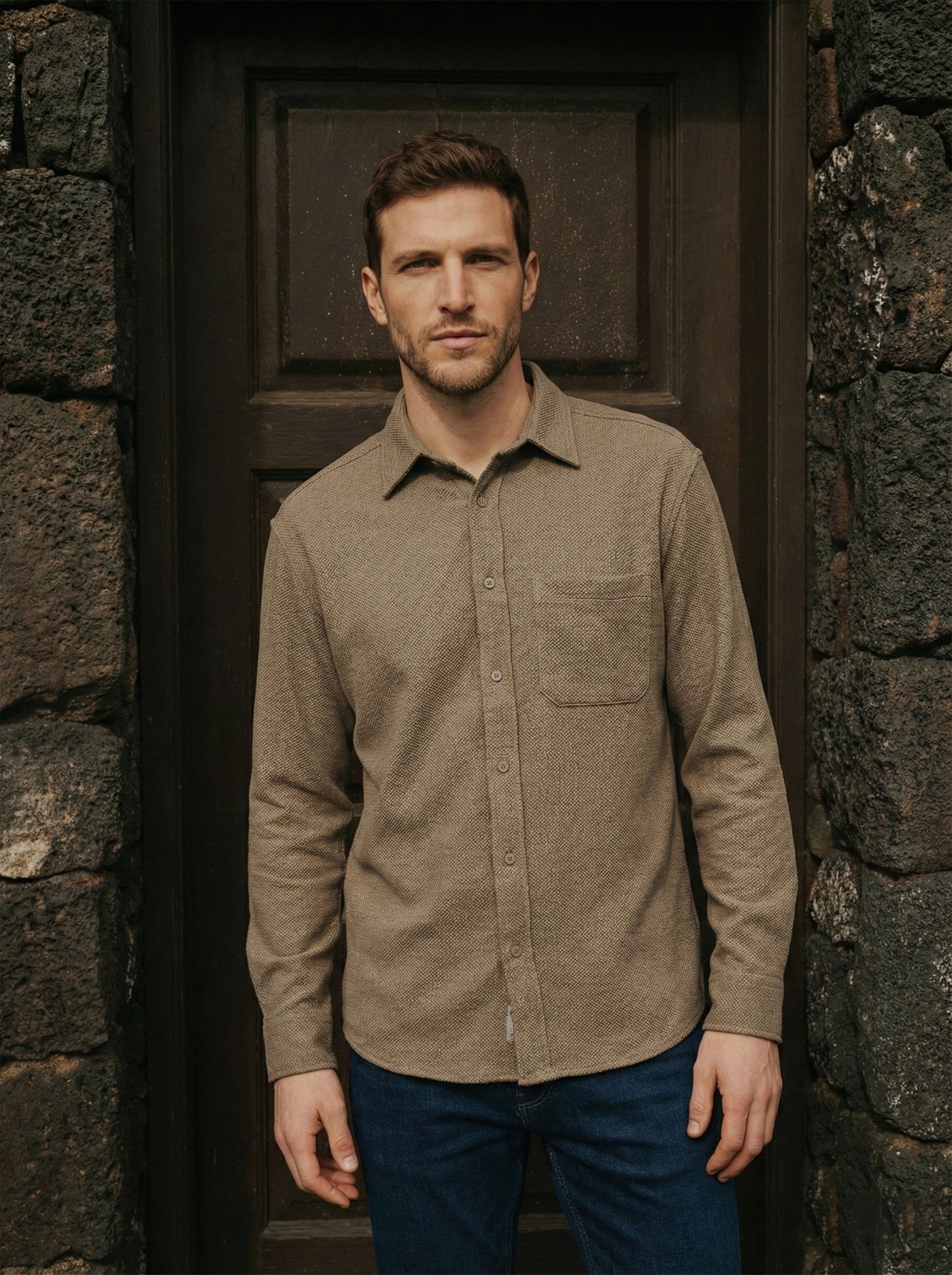 Brown Color Textured Design Jacquard Fabric Shirt