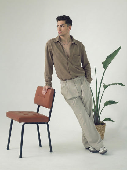 Brown Color Textured Design Jacquard Fabric Shirt