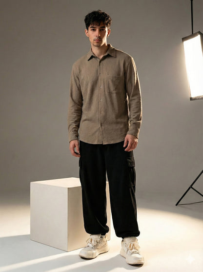 Brown Color Textured Design Jacquard Fabric Shirt