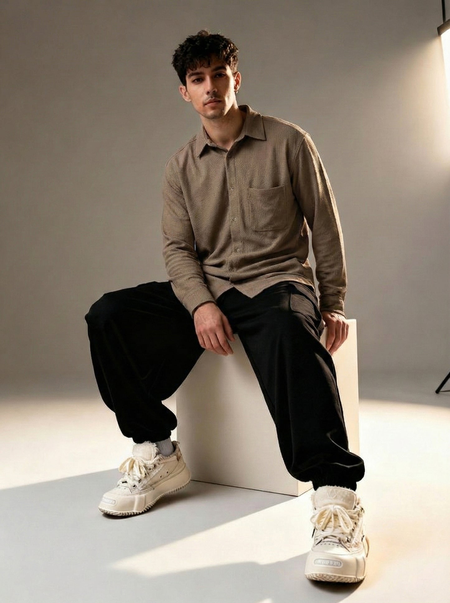 Brown Color Textured Design Jacquard Fabric Shirt