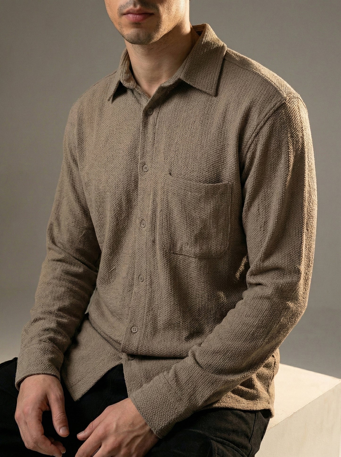 Brown Color Textured Design Jacquard Fabric Shirt