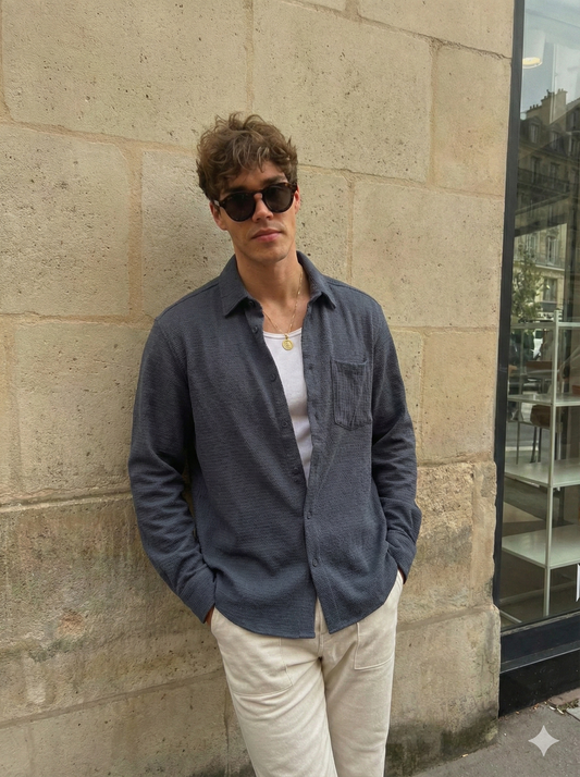 Graphite Color Textured Design Jacquard Fabric Shirt