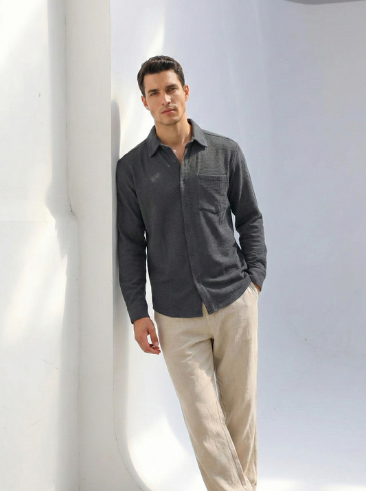 Graphite Color Textured Design Jacquard Fabric Shirt