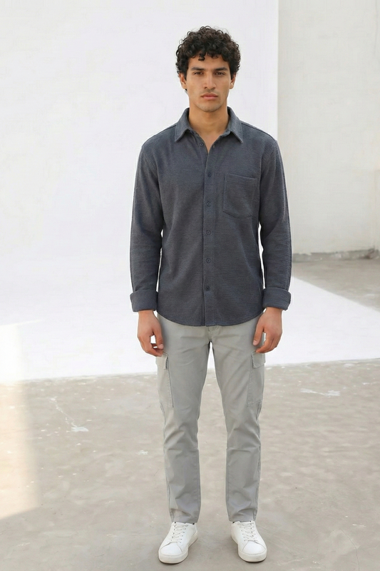 Graphite Color Textured Design Jacquard Fabric Shirt