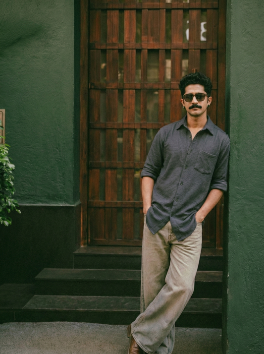 Graphite Color Textured Design Jacquard Fabric Shirt