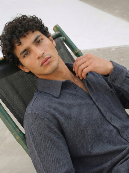 Graphite Color Textured Design Jacquard Fabric Shirt