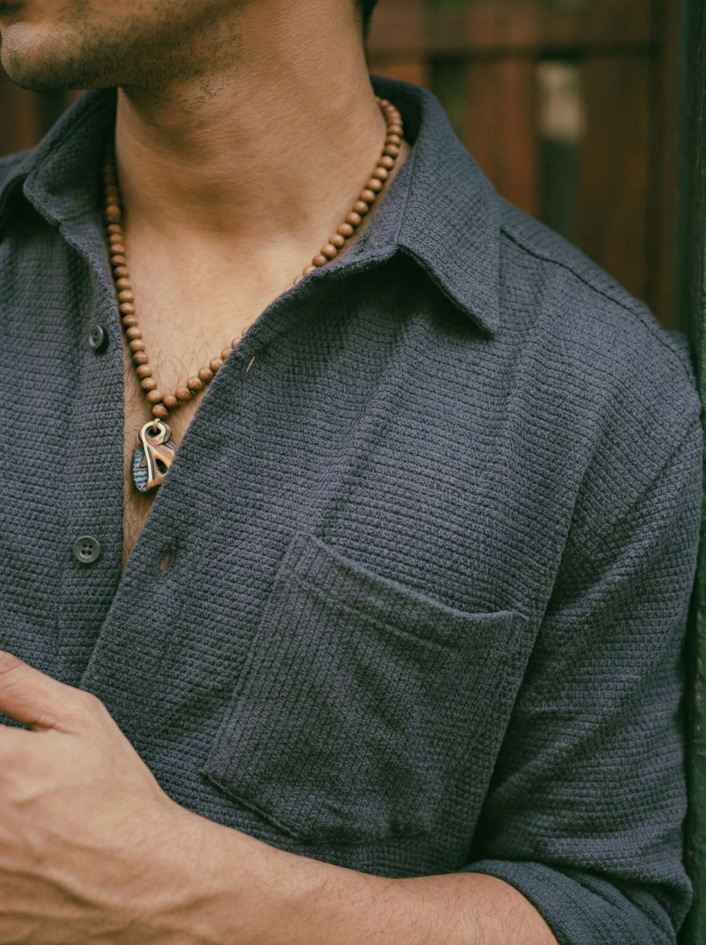 Graphite Color Textured Design Jacquard Fabric Shirt