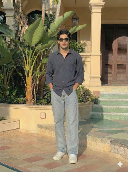 Graphite Color Textured Design Jacquard Fabric Shirt