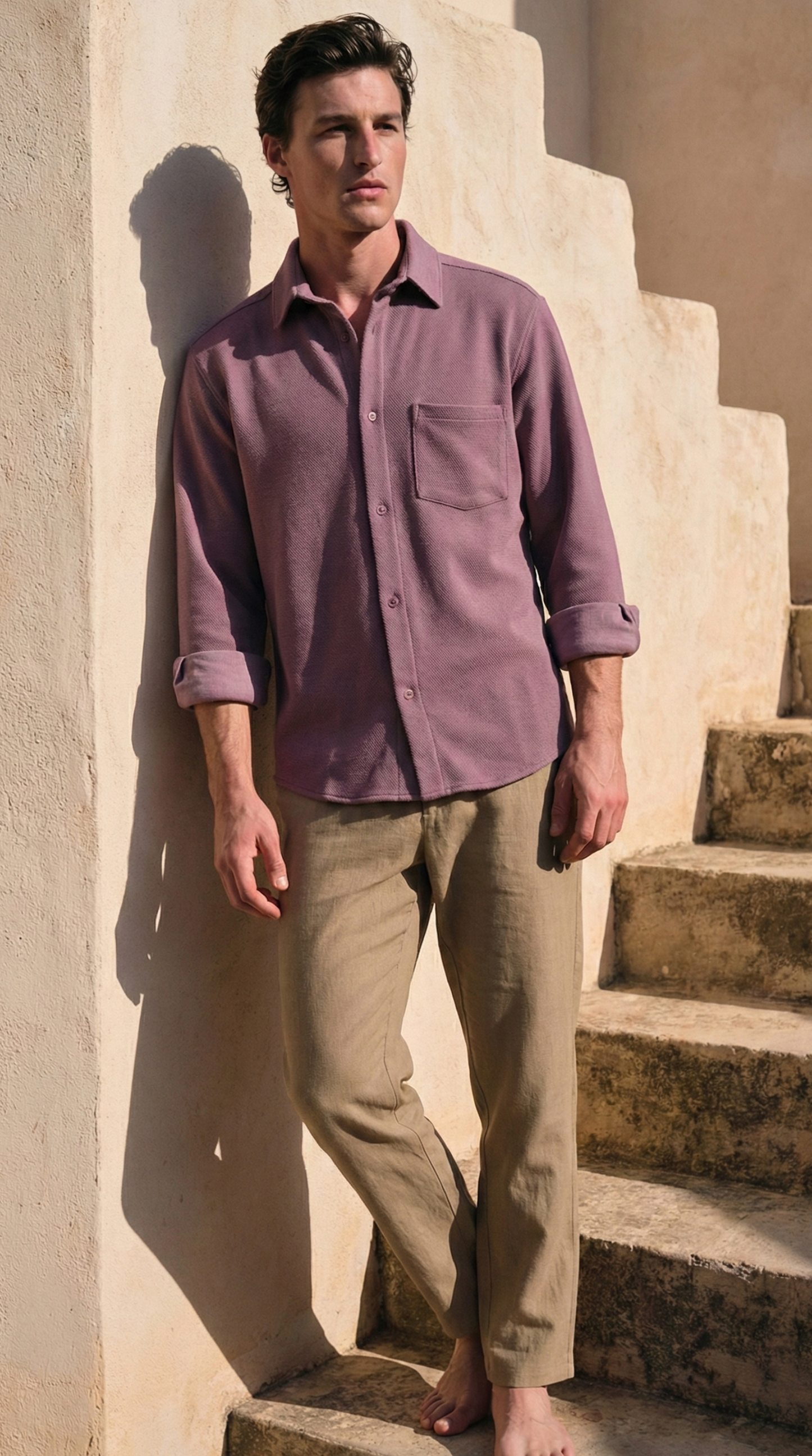 Mauve Color Textured Design Jacquard Fabric Shirt