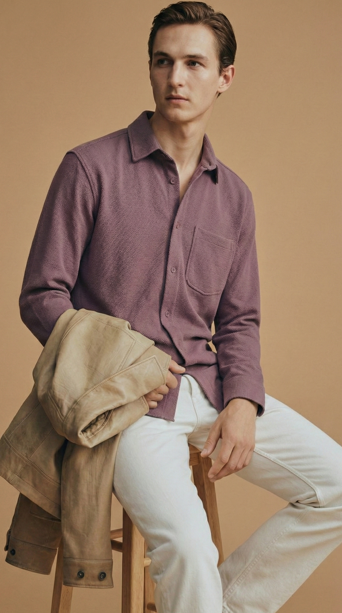 Mauve Color Textured Design Jacquard Fabric Shirt