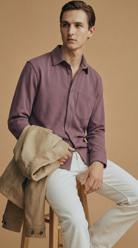 Mauve Color Textured Design Jacquard Fabric Shirt