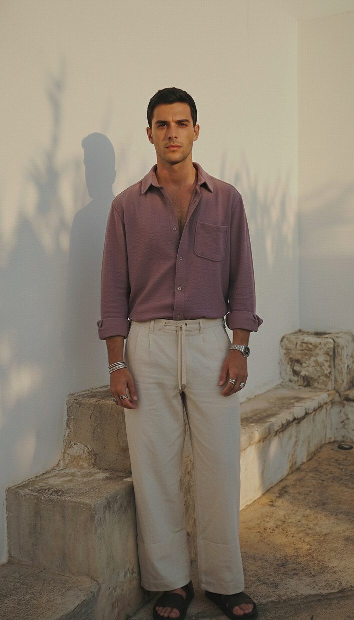 Mauve Color Textured Design Jacquard Fabric Shirt