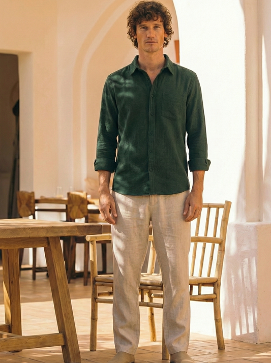 Royal Green Color Textured Design Jacquard Fabric Shirt