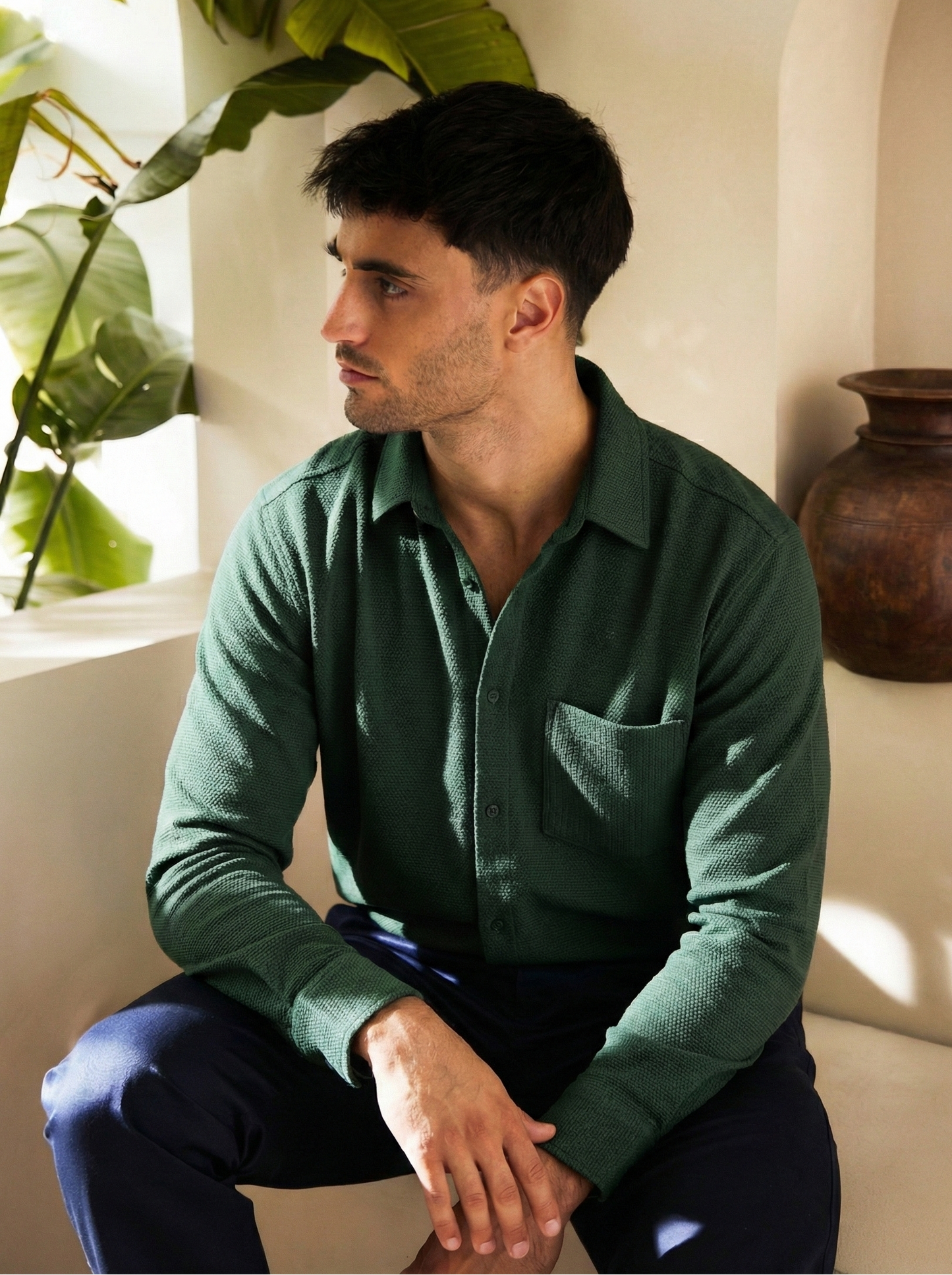 Royal Green Color Textured Design Jacquard Fabric Shirt