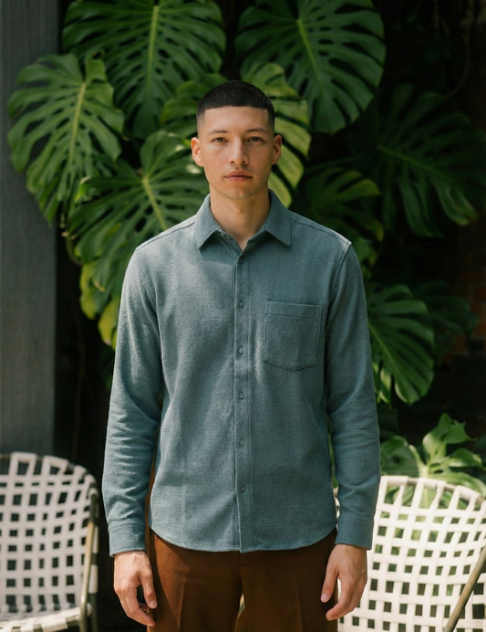 Royal Green Color Textured Design Jacquard Fabric Shirt