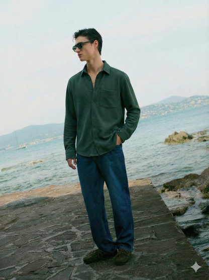 Dark Green Color Textured Design Jacquard Fabric Shirt