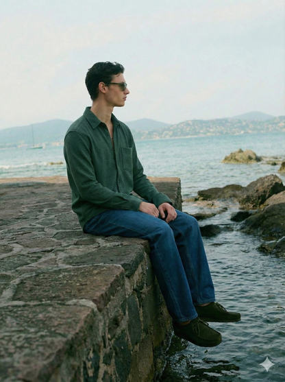 Dark Green Color Textured Design Jacquard Fabric Shirt