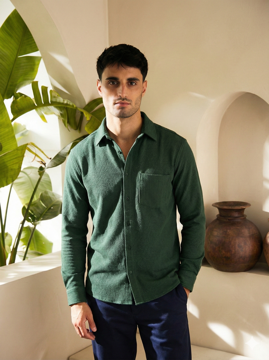 Royal Green Color Textured Design Jacquard Fabric Shirt