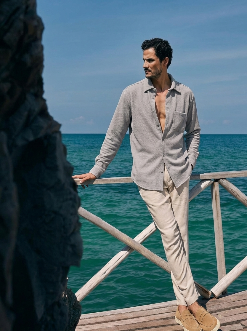 Smoke Color Textured Design Jacquard Fabric Shirt