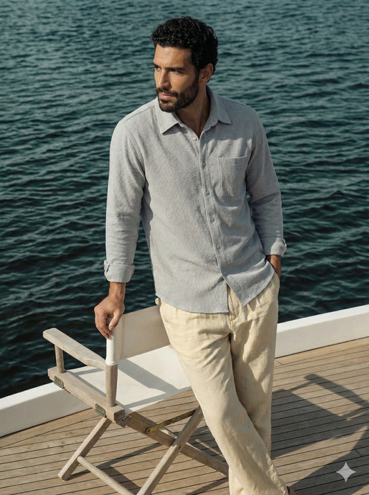 Smoke Color Textured Design Jacquard Fabric Shirt