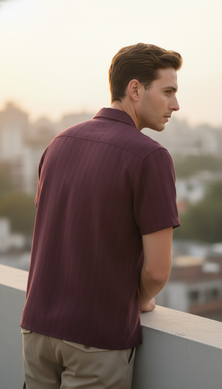 Half Sleeves Mauve Color Striped Self Design Knitted Shirt