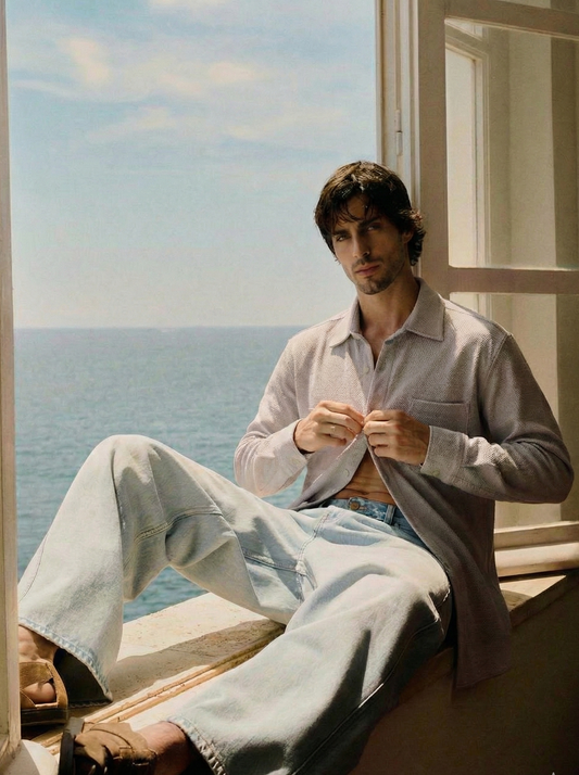 Grey Color Textured Design Jacquard Fabric Shirt