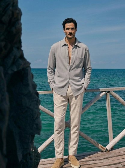 Smoke Color Textured Design Jacquard Fabric Shirt