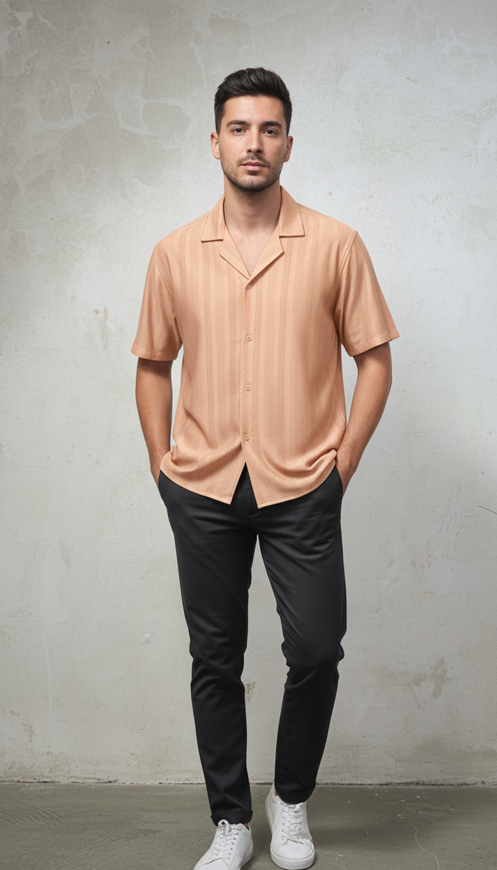 Half Sleeves Apricot Color Striped Self Design Knitted Shirt