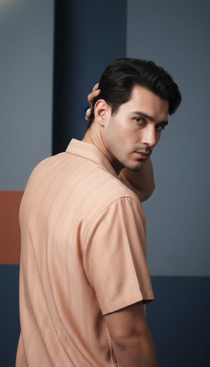 Half Sleeves Apricot Color Striped Self Design Knitted Shirt