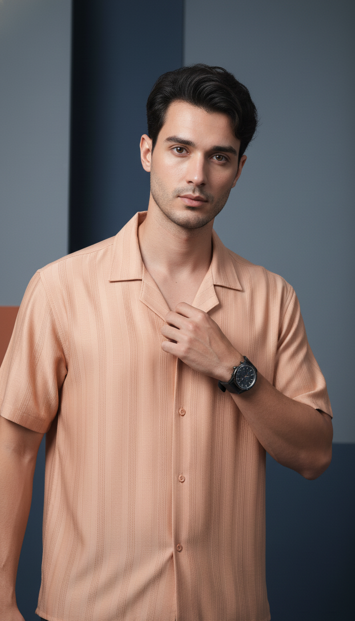 Half Sleeves Apricot Color Striped Self Design Knitted Shirt