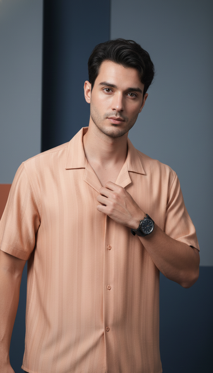 Half Sleeves Apricot Color Striped Self Design Knitted Shirt