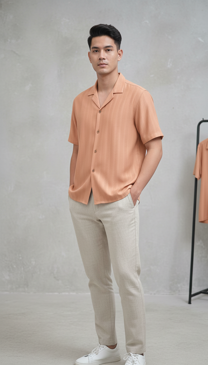 Half Sleeves Apricot Color Striped Self Design Knitted Shirt
