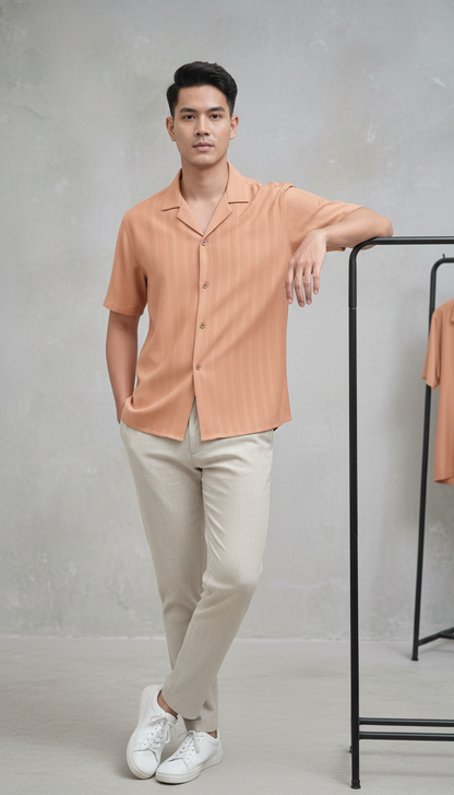 Half Sleeves Apricot Color Striped Self Design Knitted Shirt