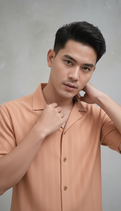 Half Sleeves Apricot Color Striped Self Design Knitted Shirt