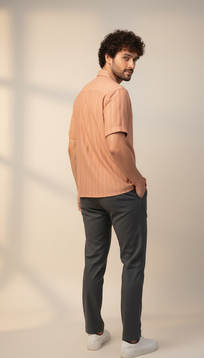 Half Sleeves Apricot Color Striped Self Design Knitted Shirt