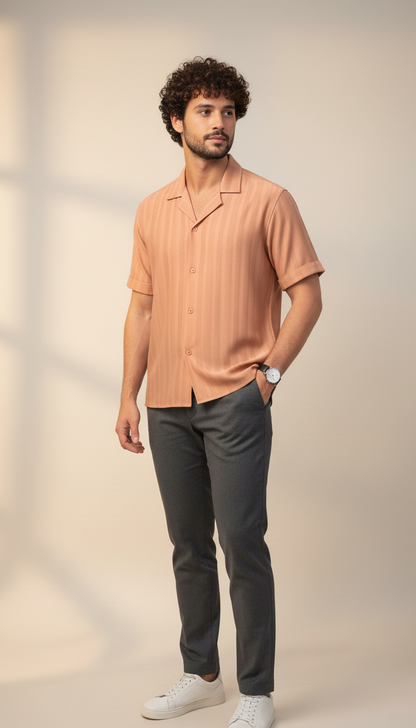 Half Sleeves Apricot Color Striped Self Design Knitted Shirt