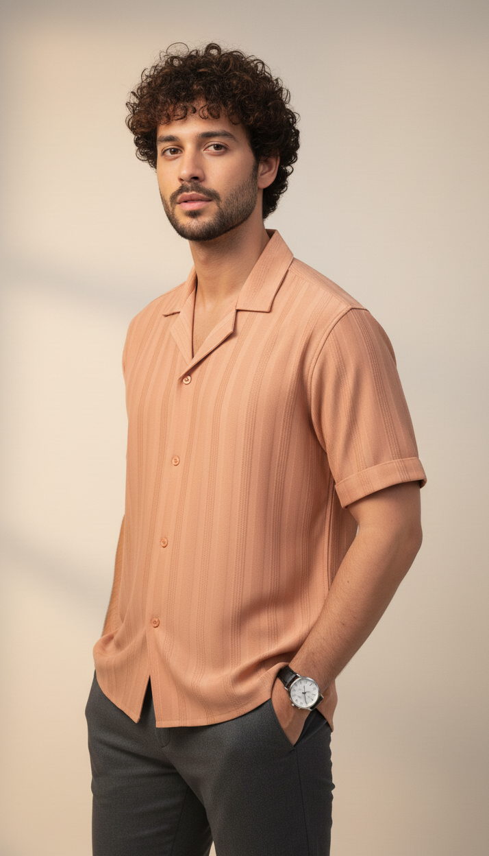 Half Sleeves Apricot Color Striped Self Design Knitted Shirt