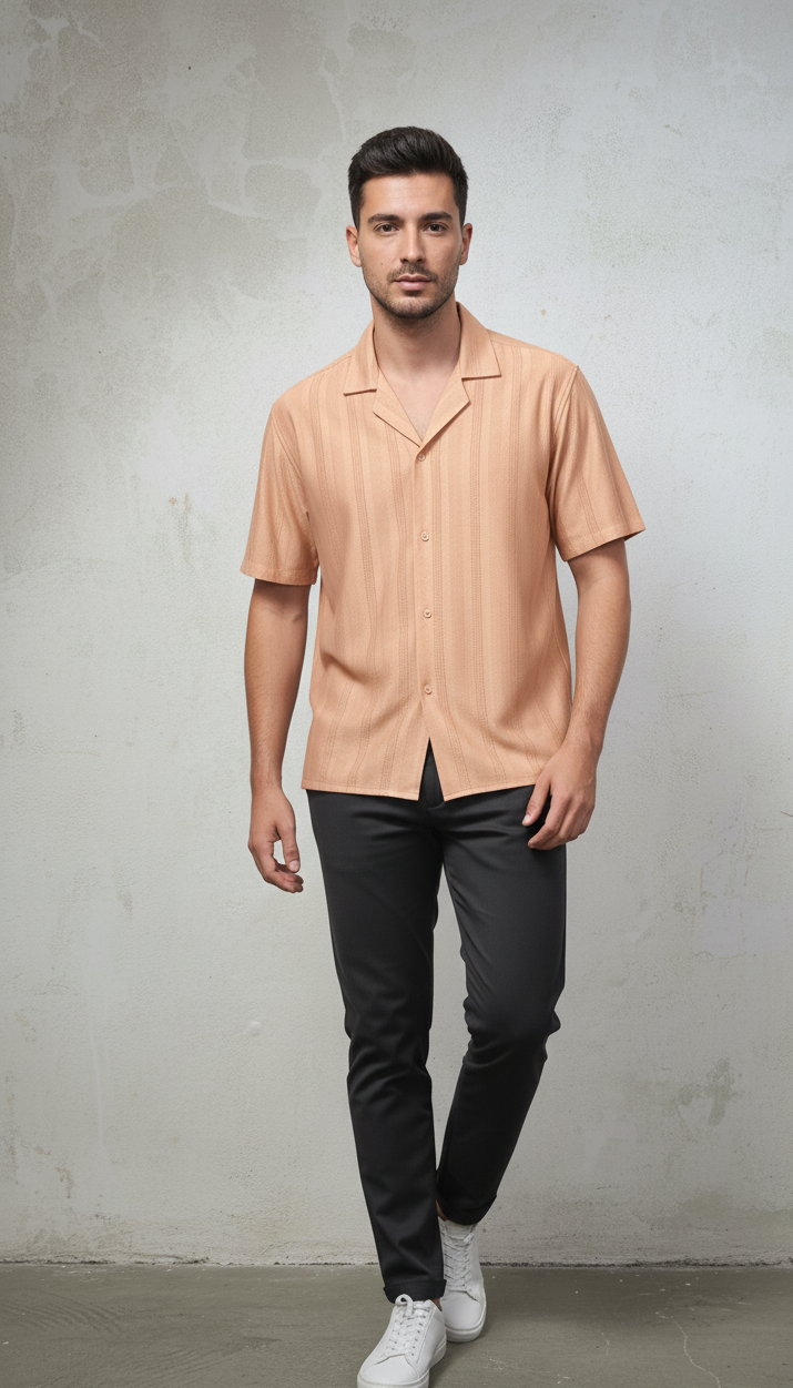 Half Sleeves Apricot Color Striped Self Design Knitted Shirt