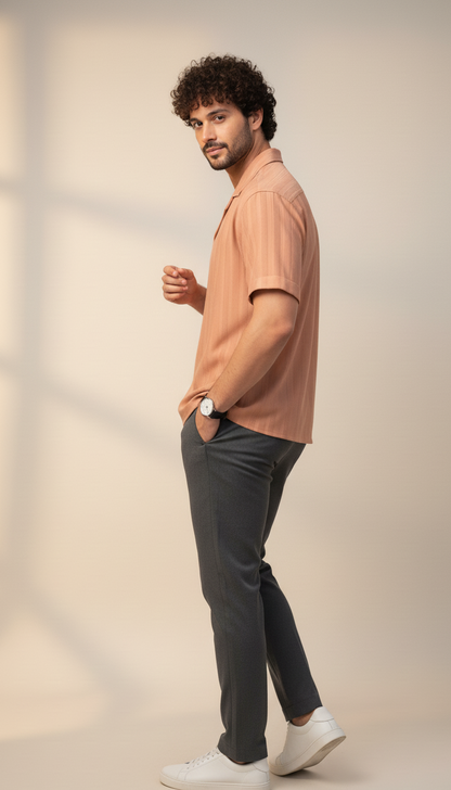 Half Sleeves Apricot Color Striped Self Design Knitted Shirt