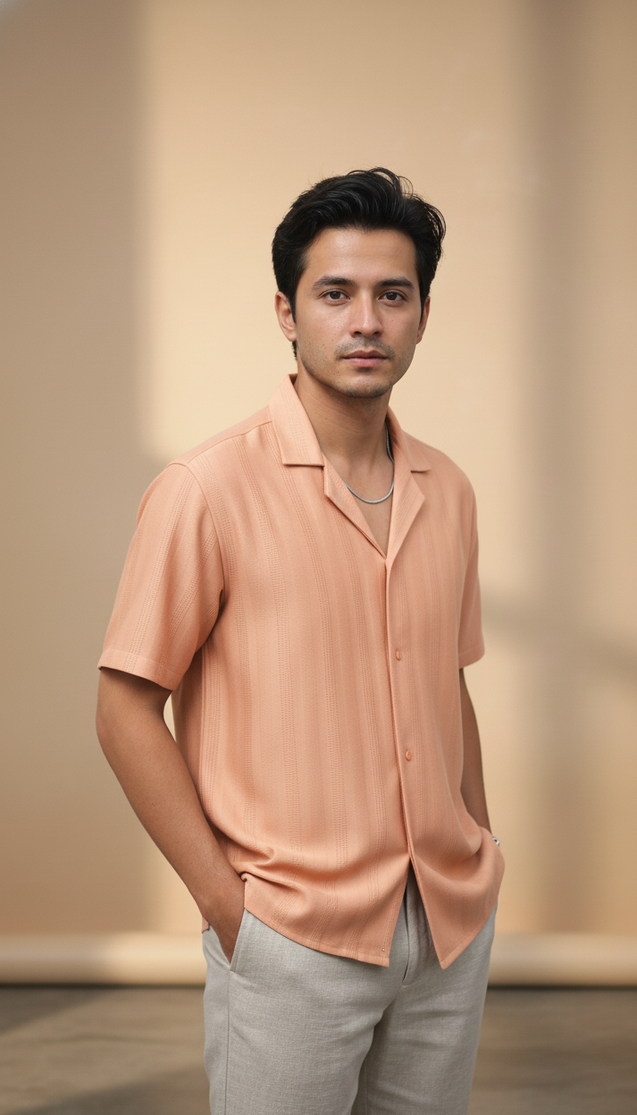 Half Sleeves Apricot Color Striped Self Design Knitted Shirt