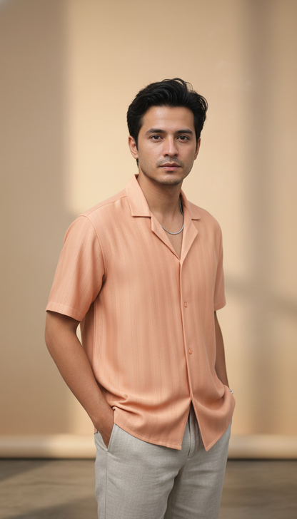 Half Sleeves Apricot Color Striped Self Design Knitted Shirt