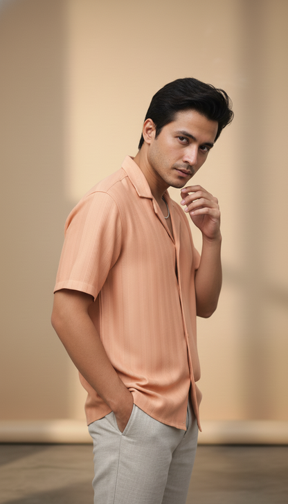 Half Sleeves Apricot Color Striped Self Design Knitted Shirt