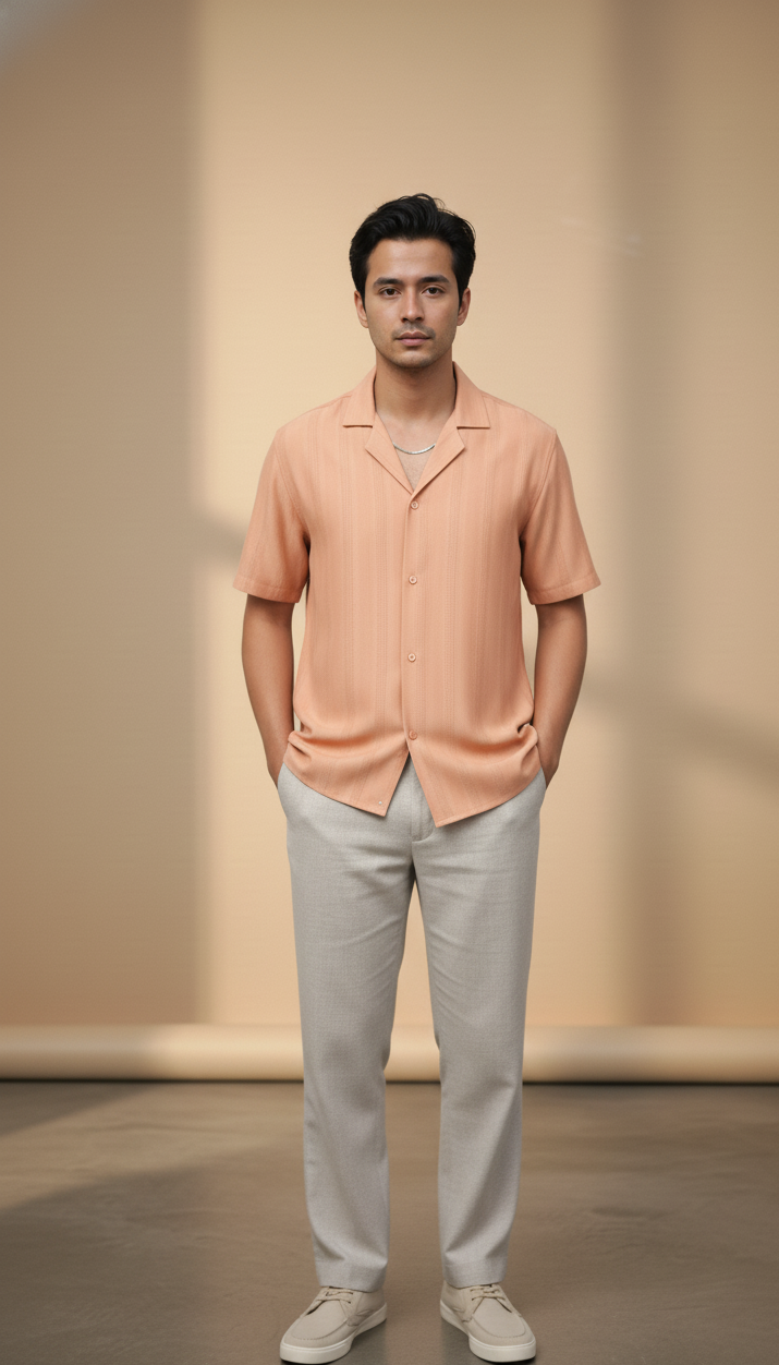 Half Sleeves Apricot Color Striped Self Design Knitted Shirt