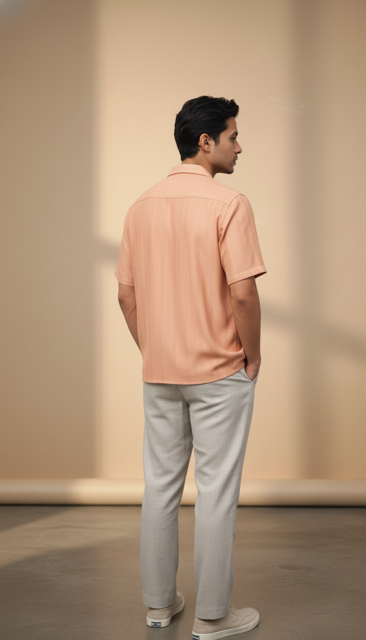 Half Sleeves Apricot Color Striped Self Design Knitted Shirt