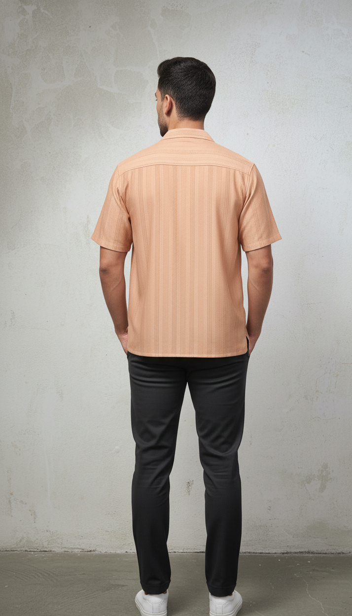 Half Sleeves Apricot Color Striped Self Design Knitted Shirt