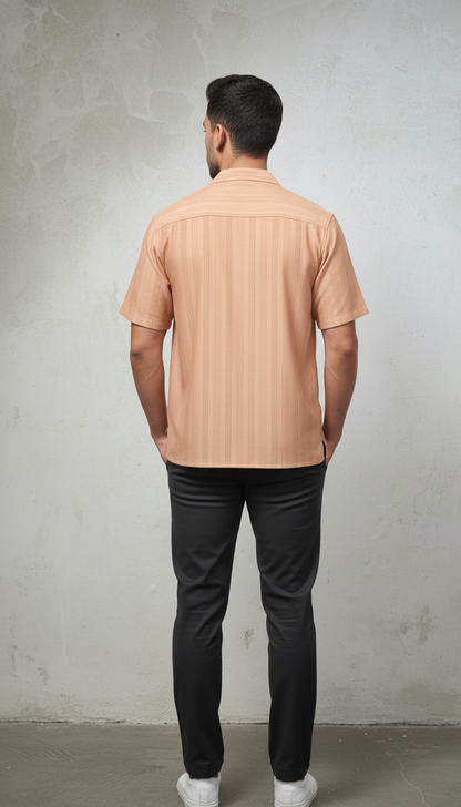 Half Sleeves Apricot Color Striped Self Design Knitted Shirt