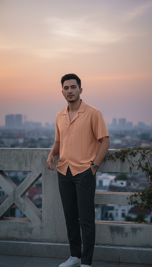 Half Sleeves Apricot Color Striped Self Design Knitted Shirt